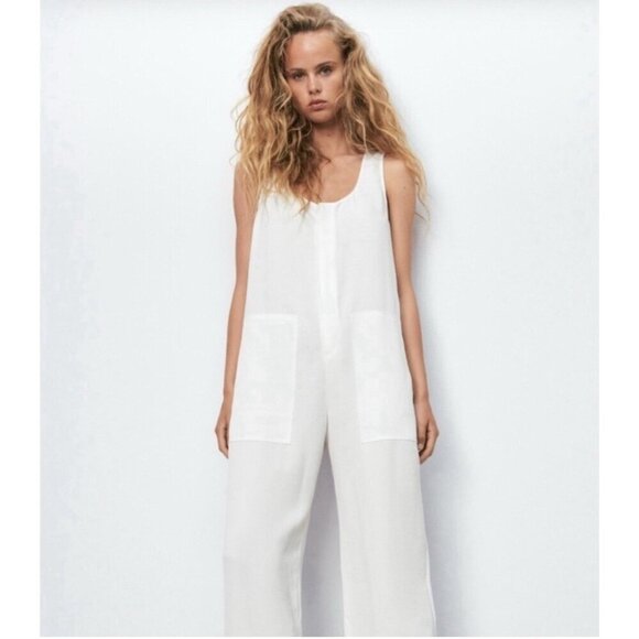 Zara Pants - NEW! Zara Wide Leg Relaxed Fit Denim Jean Jumpsuit Fringe Detail White SZ M